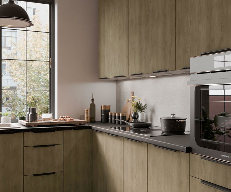 Bucătărie de colț Carminia (stejar cremona + alb)