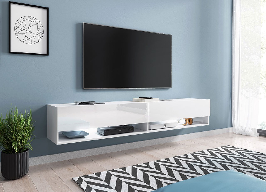TV asztal/szekrény Aldesia 180 (fehér + fényes fehér) (RGB LED világítás színes)
