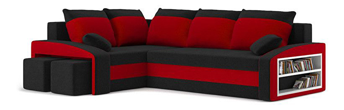 Rohová sedačka Ginevra (čierna + červená) (s poličkou a taburetkou) (s bonell pružinami) (L)