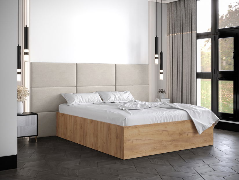 Pat matrimonial cu tăblie tapițată 160 cm Brittany 2 (Stejar craft auriu + crem) (cu somieră)