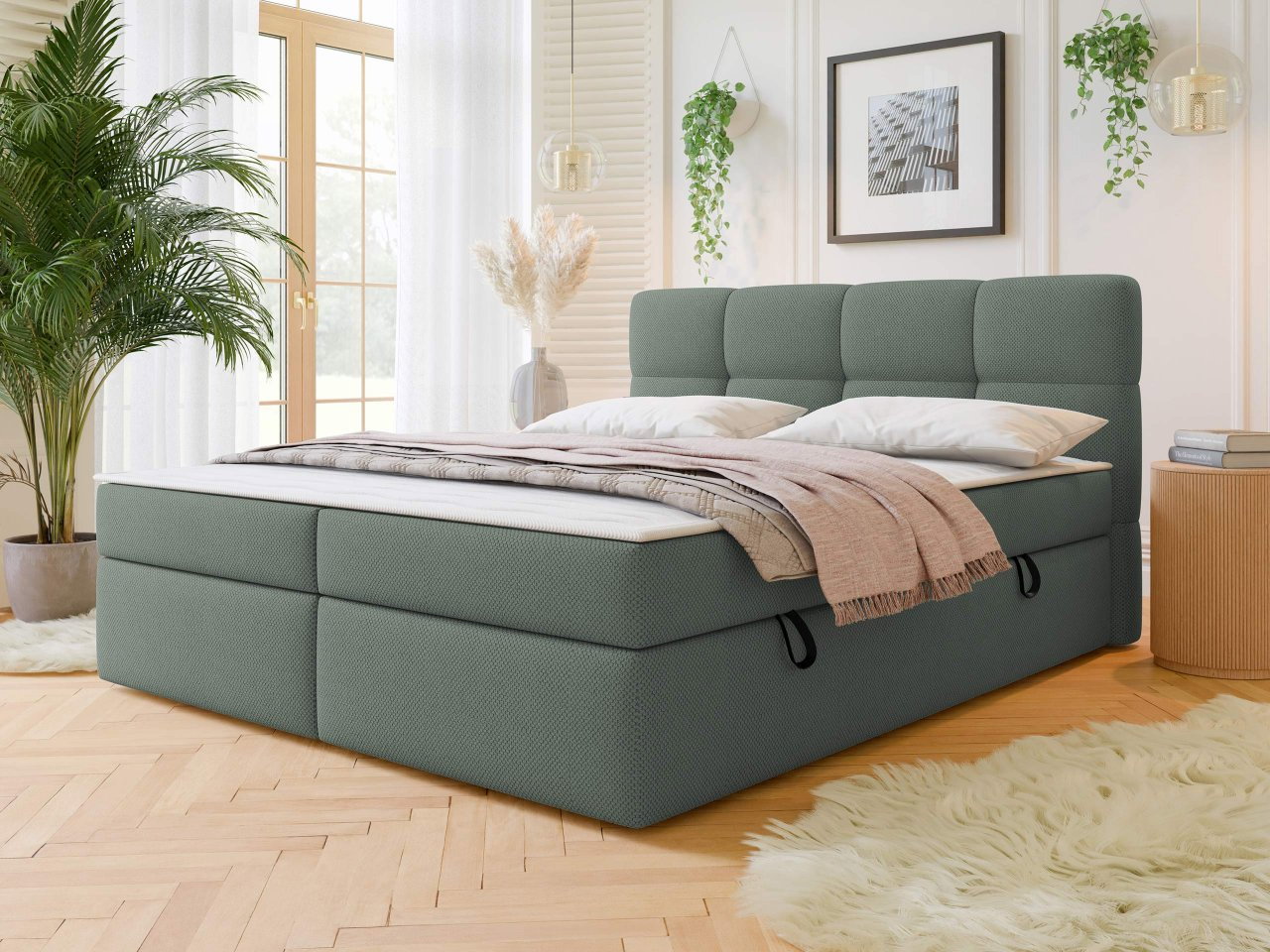 Pat matrimonial 180 cm Mejaso (Verde) (cu somieră și saltea) (cu sp. depozitare)