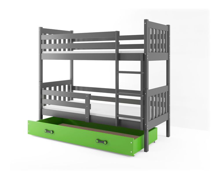 Poschodová posteľ 80 x 160 cm Carius B (grafit + zelená) (s roštami, matracmi a úl. priestorom)