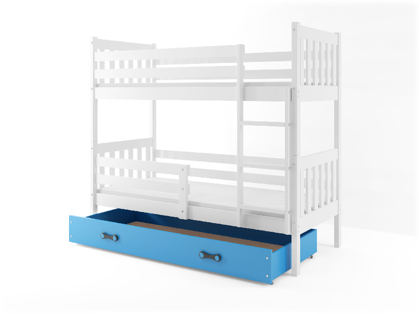 Emeletes ágy 80 x 190 cm Carius B (fehér + kék) (ágyrácsokkal és tárolóhellyel)