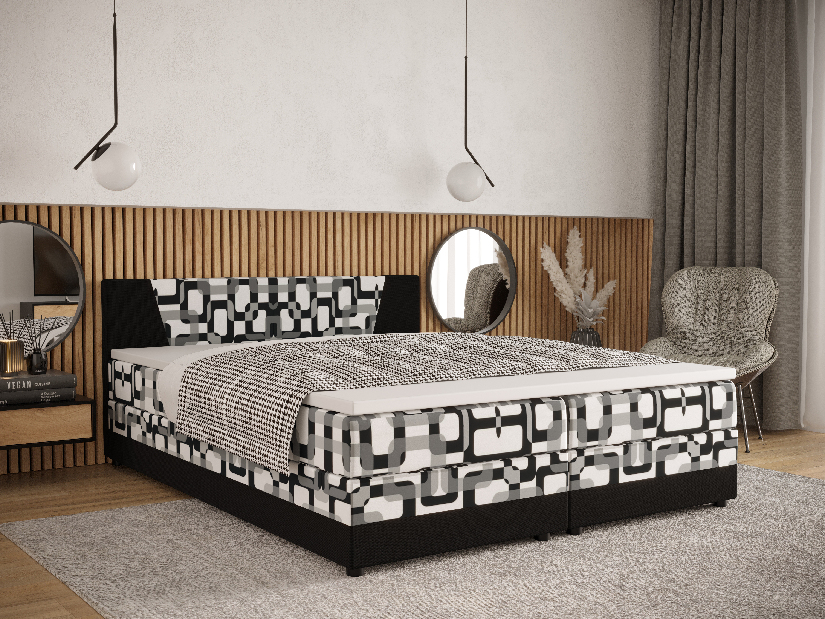 Franciaágy Boxspring 180 cm Linda (minta + fekete) (matraccal és tárolóhellyel) *kiárusítás