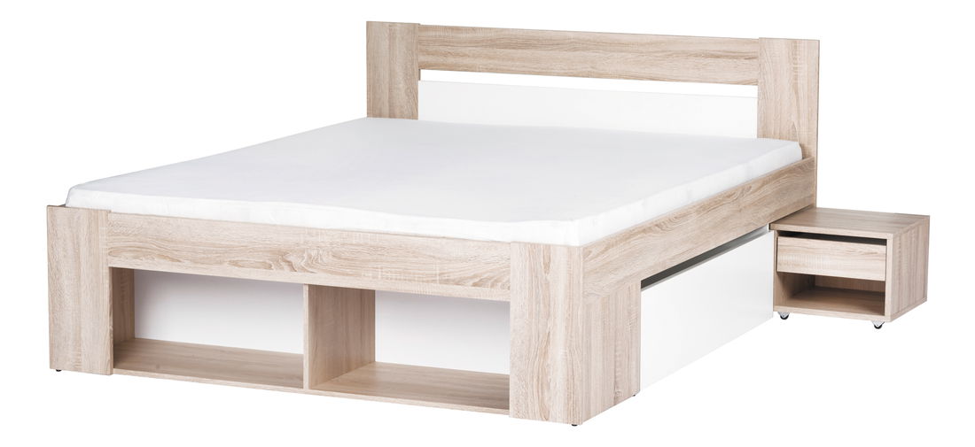 Pat matrimonial 160 cm Melinne 09 (Stejar sonoma 3D + Alb) (cu sp. depozitare și noptiere)