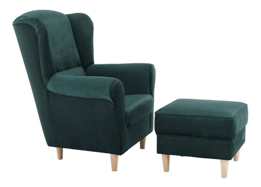 Kreslo ušiak s taburetkou Aveo (smaragdová)