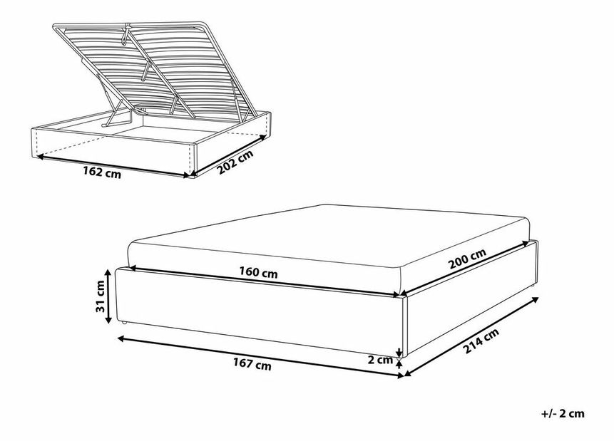 Pat matrimonial 160 cm DIJON (cu spațiu de depozitare) (cu somieră) (gri)