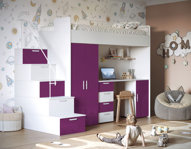 Detská posteľ Ruby IV S (Biela + Fialová) (s roštami)
