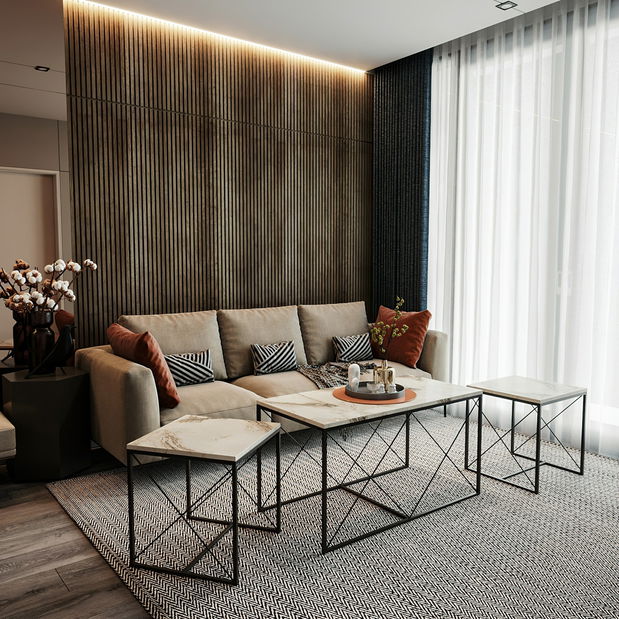 Set 3 konferenčných stolíkov Defenella (Biely mramor + Čierna)