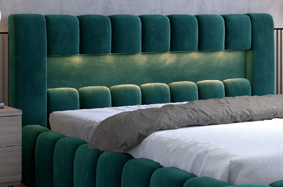 Manželská posteľ 160 cm Luxa (tmavozelená) (s roštom, úl. priestorom a LED)