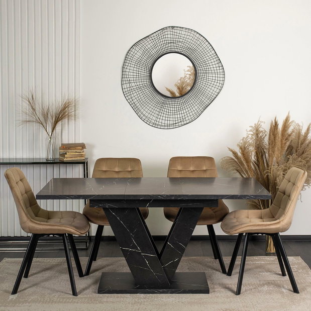 Blagovaonski stol na razvlačenje Comentado (crni mramor + zlatna) (za 4 do 6 osoba)