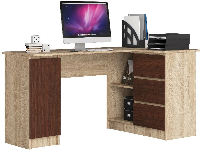 Rohový PC stolík Bevin (dub sonoma + wenge) (P)