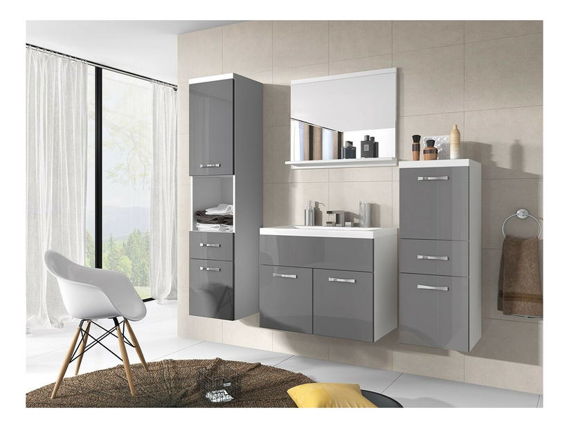 Mobilier baie Lunara (Alb + Gri lucios) (cu sifon, fără baterie)