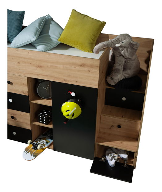 Pat pentru copii combinat 90 cm Sami 3 (Stejar artisan + negru mat + mânere albe) (D)