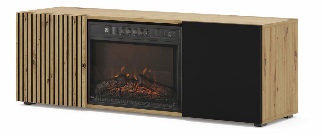 Masă TV cu șemineu Aurella (Negru + Stejar artisan)