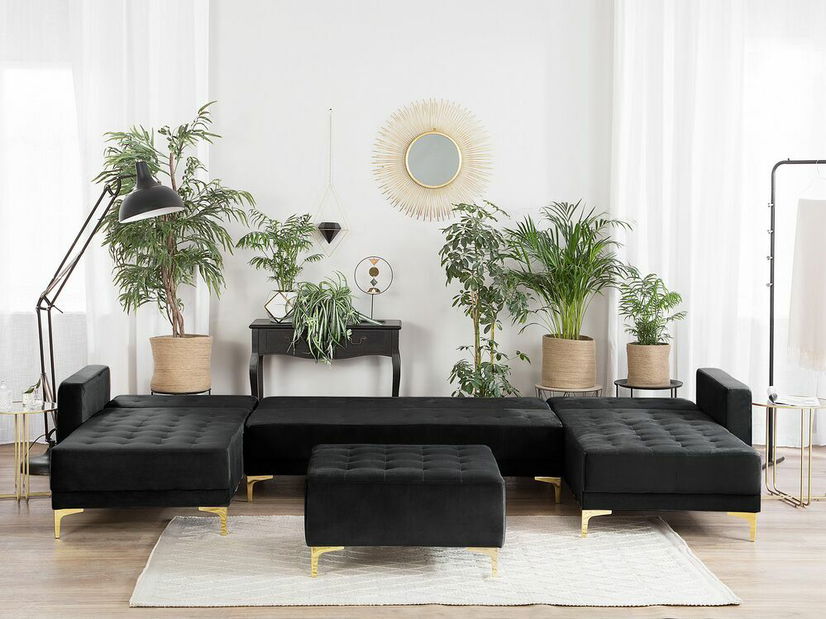 Rohová sedacia súprava s taburetkou U Aberde (zamatová čierna)