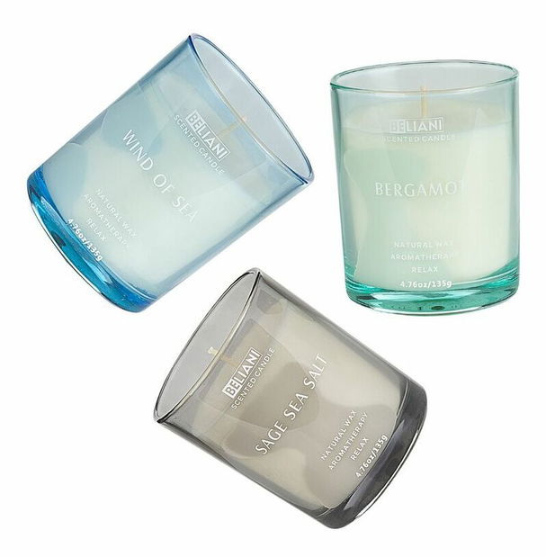 Set de 3 lumânări parfumate bergamotă/brizură de mare/salvie și sare de mare Joyza (verde)