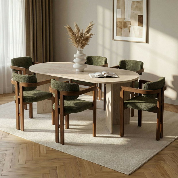 Set masă scaune (pentru 6 persoane) Marida 6 (travertin + nuc + verde)