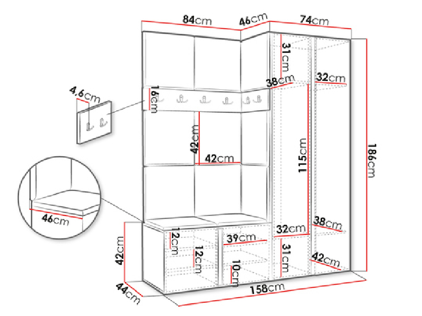 Mobilier hol Tovenaz XII (Stejar artisan + Negru + Alb) (cu oglindă)