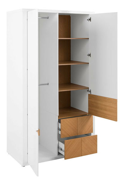 Šatníková skriňa BRW Rovika SZF2D2S (lesk biely + dub prírodný)