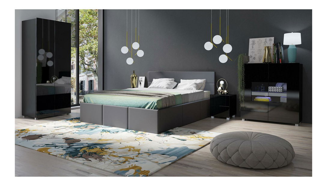 Spálňa Calabria 1 (čierna matná + lesk čierny + grafit) (s osvetlením)