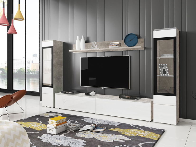 Nappali bútor Selwyn II (beton + fényes fehér) (világítás nélkül)