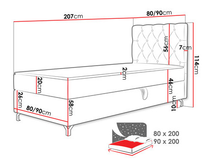 Pat de o persoană 80 cm Jenaks 1 (teracotă) (cu somieră și saltea) (cu sp. depozitare) (S)