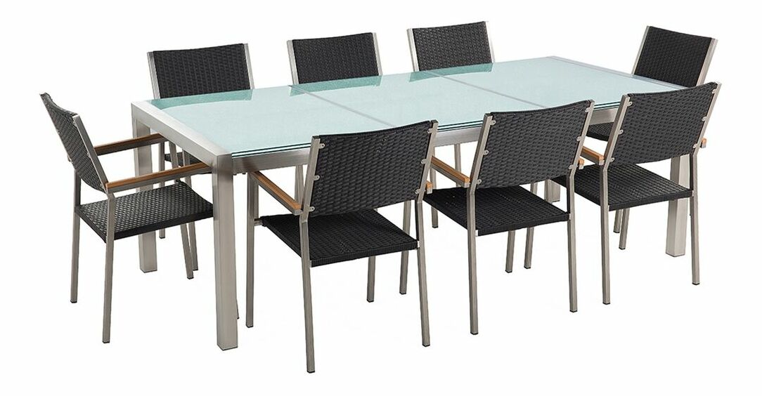 Set de masă pentru grădină Grosso (negru) (blat din sticlă 210x100 cm) (scaune din ratan)