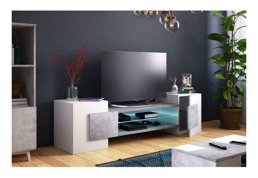 Masă TV Gavin (cu iluminat) (alb + beton)