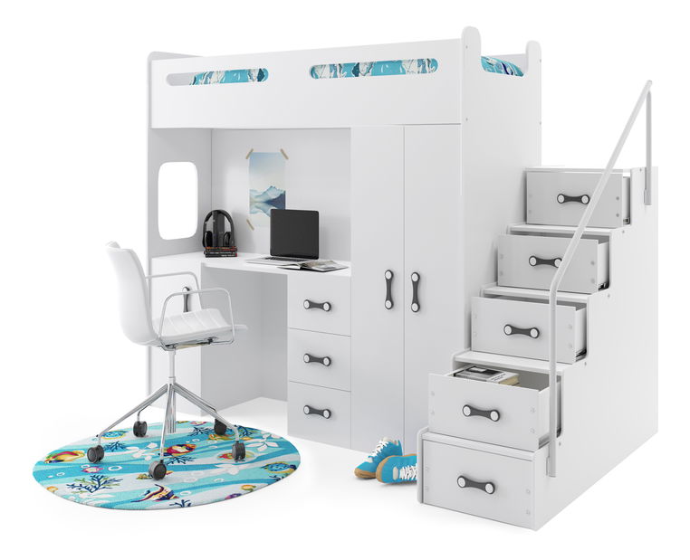 Poschodová posteľ 80 x 200 cm Moxxo 4 (biela + biela) (s roštami, matracmi a úl. priestorom)