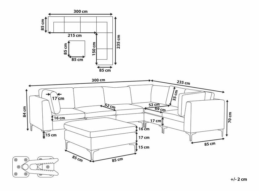 Sarok ülőgarnitúra zsámollyal Eldridge (kék) (B)