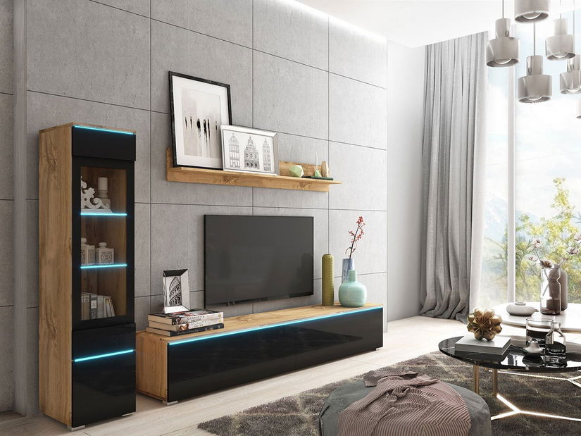 Mobilier living Selwyn I (wotan + Negru lucios ) (iluminat LED Alb)