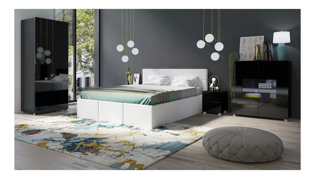 Spálňa Calabria 1 (čierna matná + lesk čierny + biela) (s osvetlením)