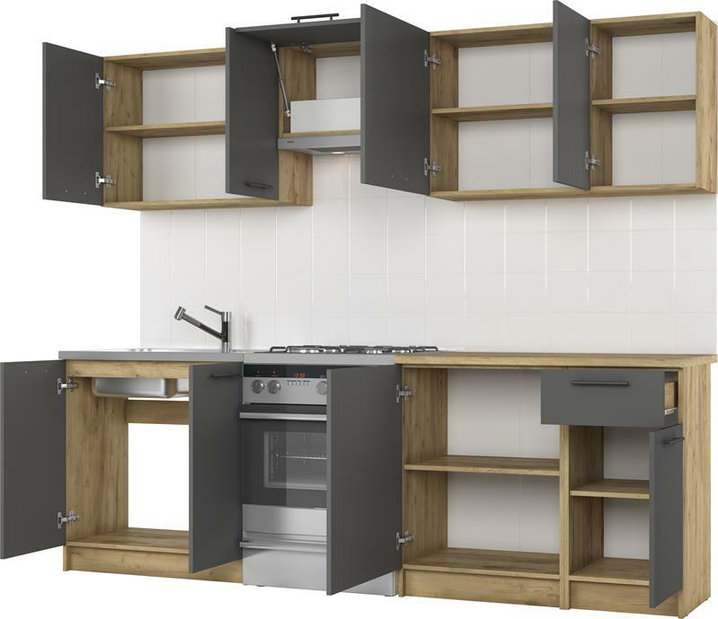 Kuchyňa 240 cm Danna (tmavosivá + prirodne drevo)