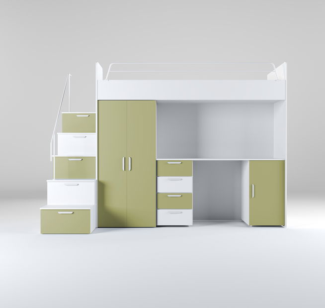 Detská posteľ Ruby IV S (biela + olivová zelená) (s roštami)