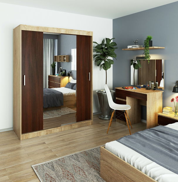 Dulap de haine Clotilde (Stejar sonoma + wenge) (cu oglindă)