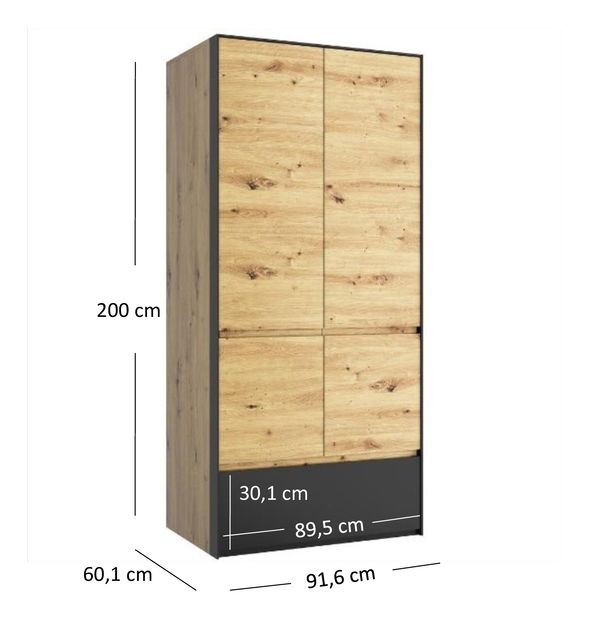 Ormar za garderobu Bobbie (hrast artisan + crna)