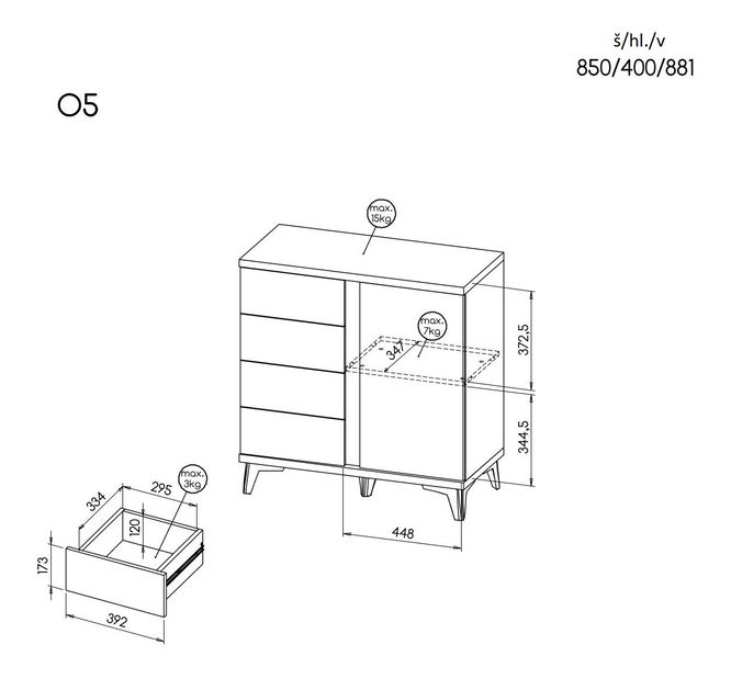 Komoda typ O5 Onley (lesklá biela + dub riva)