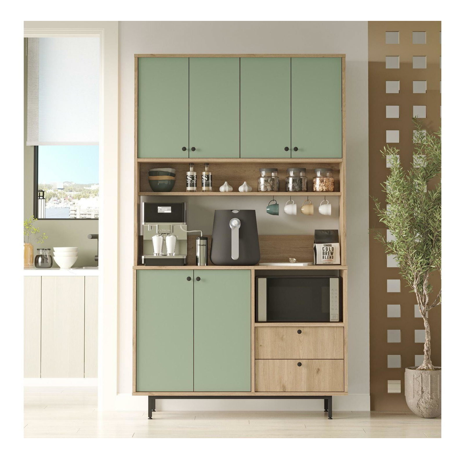 Dulap cu rafturi Rebutia 7 (stejar + verde)