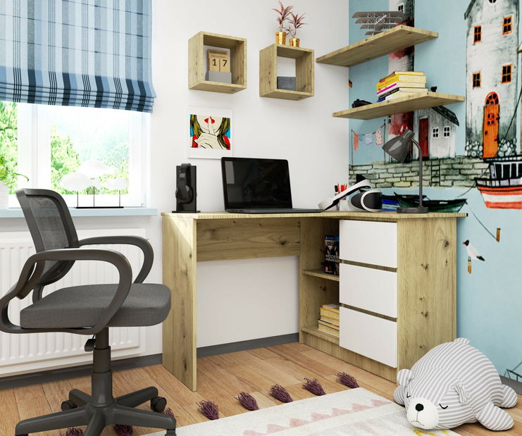 Rohový PC stolík Bodhi (dub artisan + biela) (P)