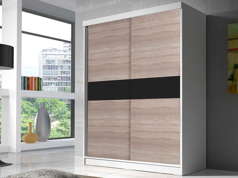 Šatníková skriňa Balor (biela + dub sonoma + čierne sklo)