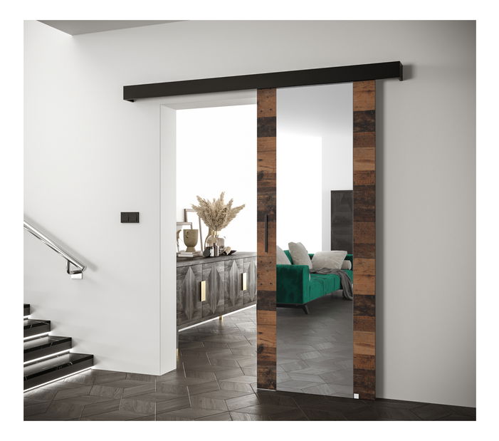 Tolóajtó 90 cm Sharlene II (old style fa + matt fekete + fekete) (tükörrel)