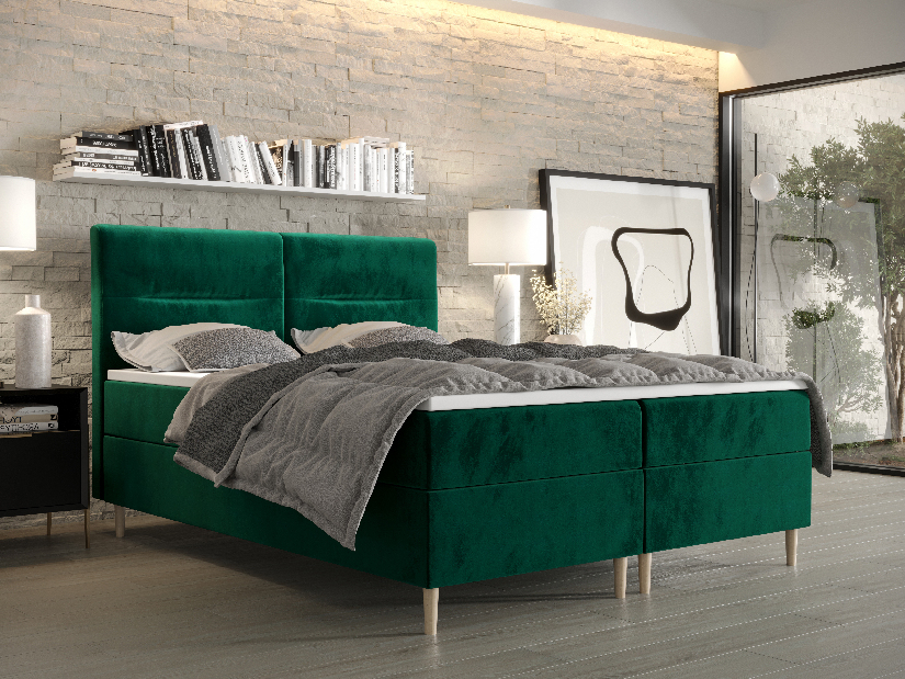 Franciaágy Boxspring 180 cm Saruta (oliva) (matraccal és tárolóhellyel)