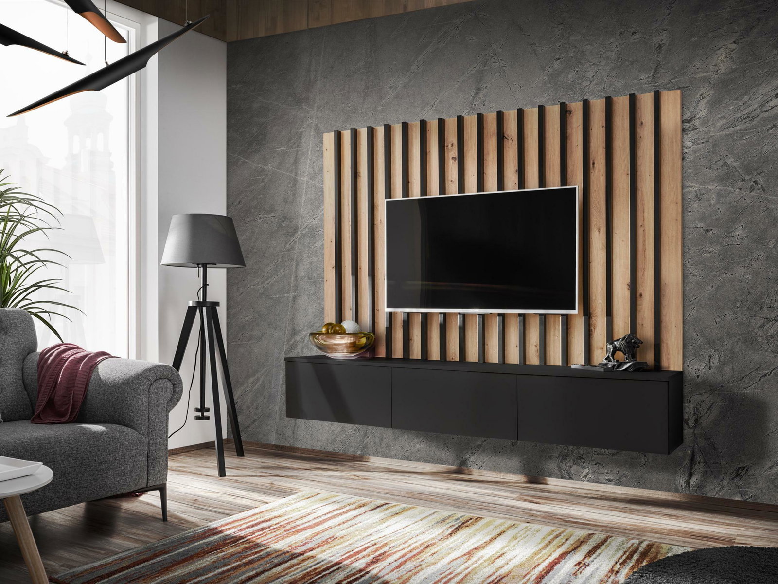 Mobilier living Vertic (stejar artisan + negru