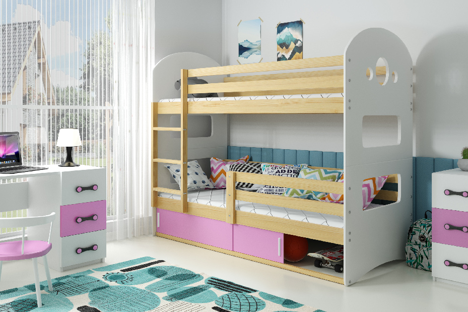 Krevet na kat 80 x 190 cm Domur (bor + ružičasta) (s podnicom, madracem i prostorom za odlaganje)
