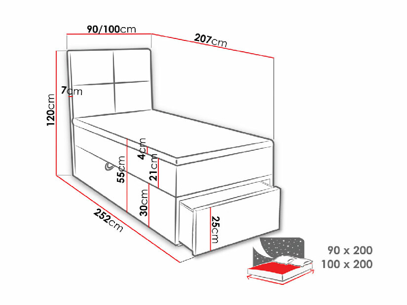 Jednolôžková posteľ 90 Hills 1 (sivá ) (s roštom, matracom a úl. priestorom)