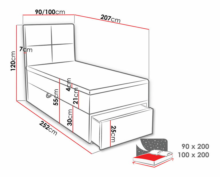 Jednolôžková posteľ 100 Hills 1 (sivá ) (s roštom, matracom a úl. priestorom)