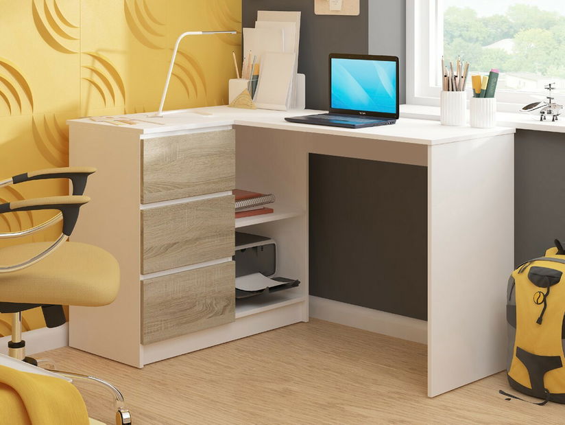 Masă PC de colț Bodhi (alb + stejar sonoma) (S)