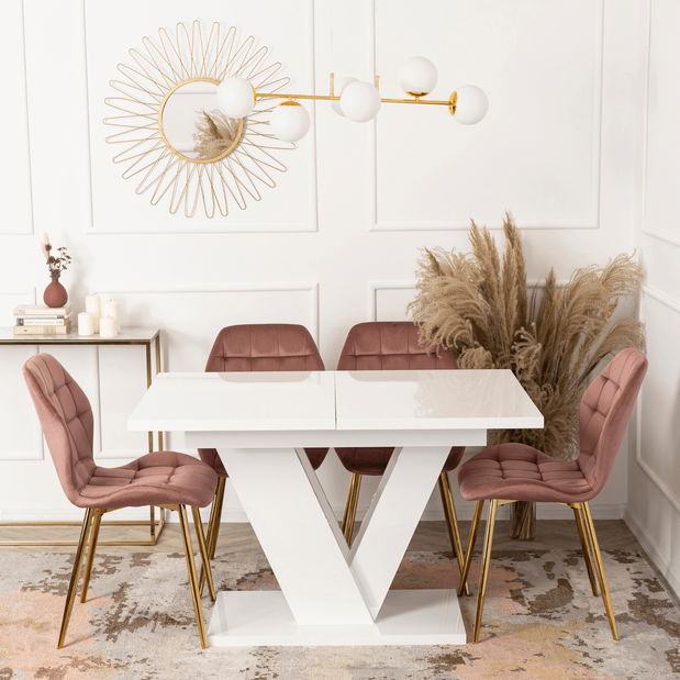 Masă sufragerie extensibilă Comentado (alb lucios) (pentru 4-6 persoane)