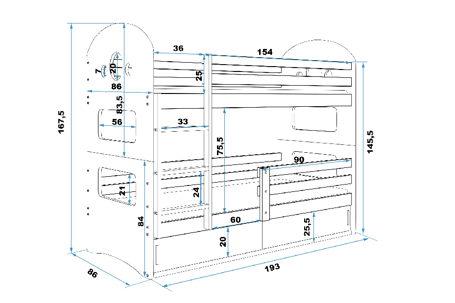 Emeletes ágy 80 x 190 cm Domur (grafit + zöld) (ágyrácsokkal és tárolóhellyel)